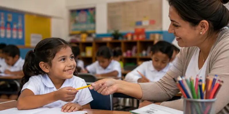 A smiling teacher handing a yellow pencil to a young schoolgirl at her desk, capturing a simple moment of community support and kindness in the classroom.