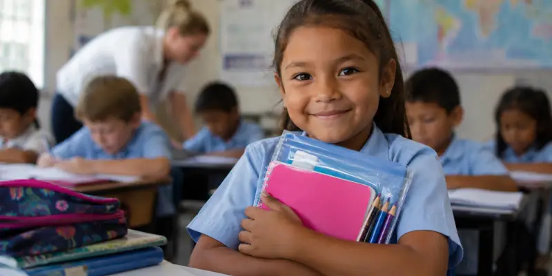 A young student smiling warmly while holding a newly donated pink notebook and a pack of colored pencils tightly in her classroom, showing the impact of school supply donations.