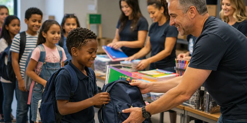 Children and adult volunteers gathering around a table packed with notebooks, pens, and binders during a community school supply donation drive.