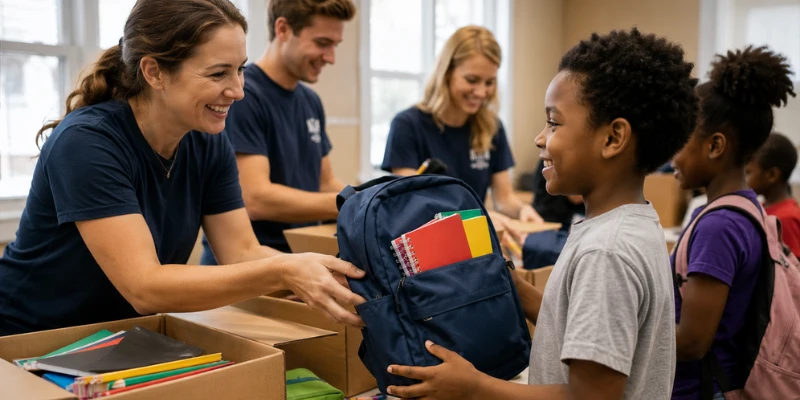 A volunteer handing out learning materials to a smiling young girl, featuring a text overlay that reads "School Supply Donation for Underprivileged Students That Changes Lives".