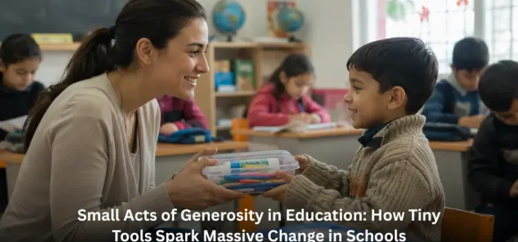 A teacher handing a clear box filled with school supplies to a young boy, featuring text overlay "Small Acts of Generosity in Education: How Tiny Tools Spark Massive Change in Schools."