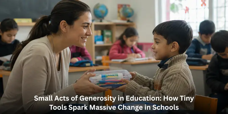 A teacher handing a clear box filled with school supplies to a young boy, featuring text overlay 
