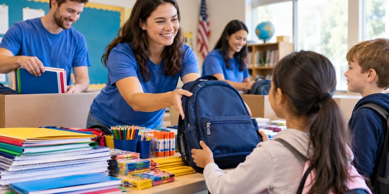 Supportive volunteer handing a free backpack filled with school supplies to a young girl outside a school.