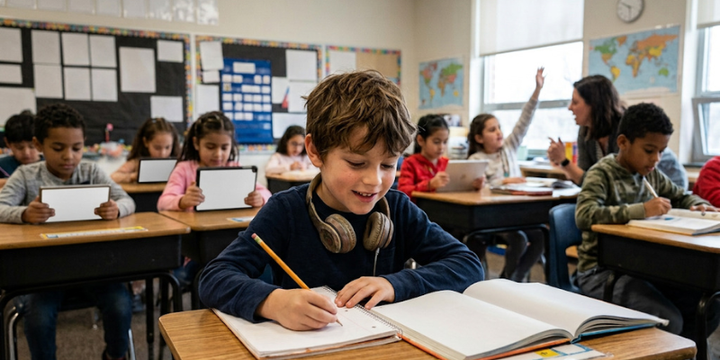 A young boy wearing headphones writing in an open notebook at a school desk, supporting initiatives to donate backpacks and notebooks.