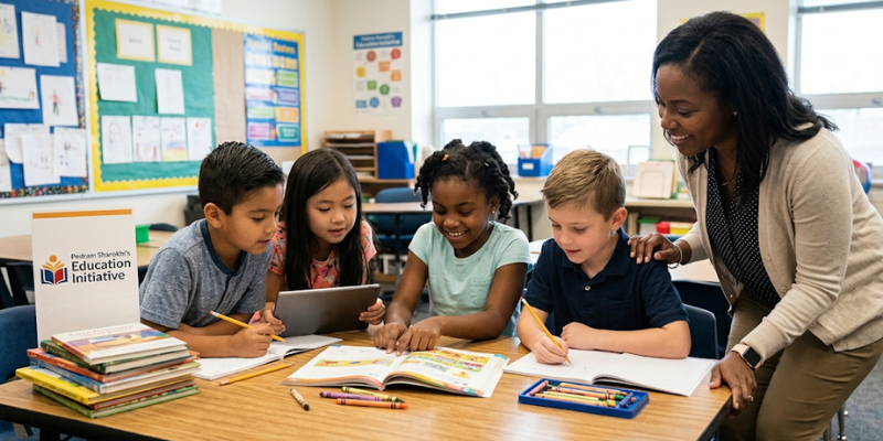 Elementary students reading books and writing with pencils at a classroom desk with stacked notebooks and school supplies to donate backpacks and notebooks.