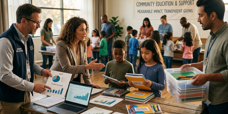 Organizers showing educational progress charts on laptops while children receive school notebooks, illustrating how education builds stronger communities. 