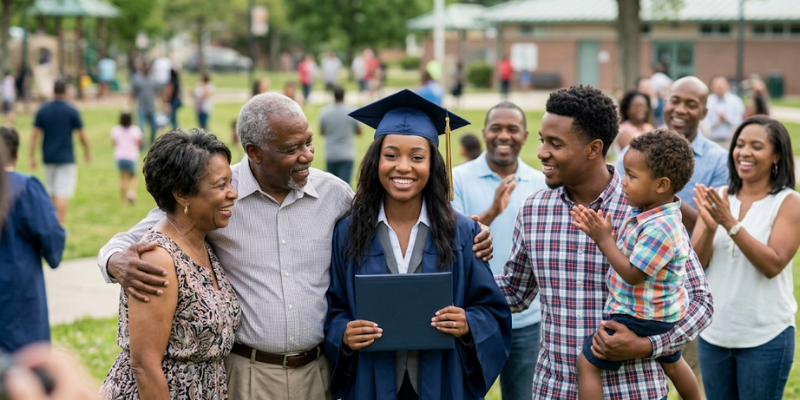 A diverse family cheering and smiling around a female student holding her diploma in a cap and gown, showing how education builds stronger communities. 
