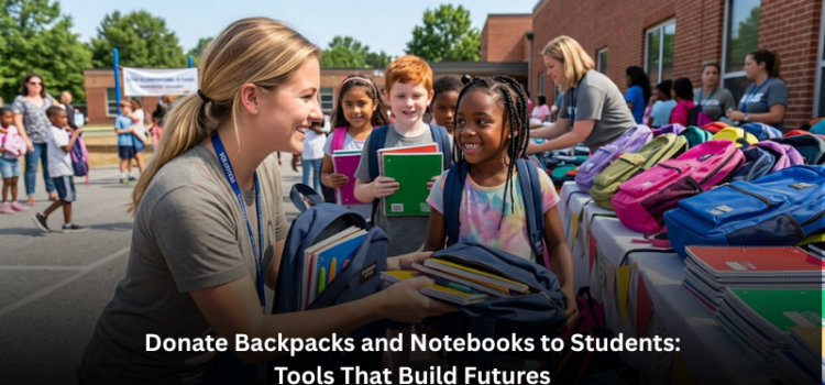 A volunteer handing a backpack filled with notebooks to a young student at an outdoor donation event to donate backpacks and notebooks to students.