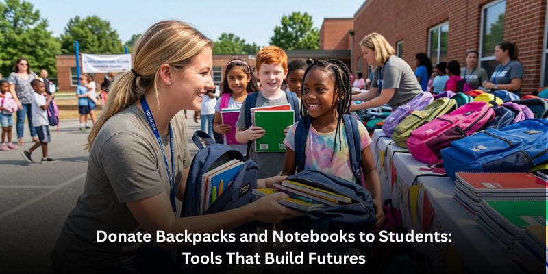 A volunteer handing a backpack filled with notebooks to a young student at an outdoor donation event to donate backpacks and notebooks to students.