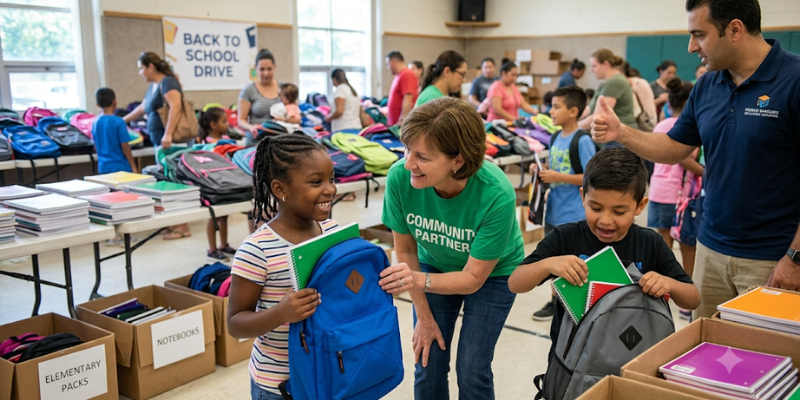Community volunteers packing notebooks into new blue and grey backpacks for smiling children at a back-to-school donation drive to donate backpacks and notebooks to students