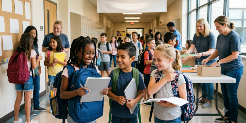 Smiling students holding notebooks and wearing backpacks while walking through a school hallway near volunteers, encouraging people to donate backpacks and notebooks to students.