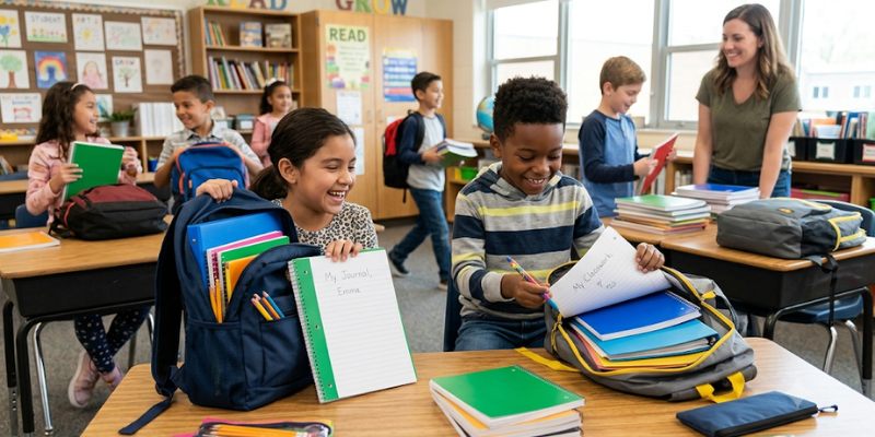 Elementary school children happily opening backpacks and writing in spiral notebooks at desks, showing why you should donate backpacks and notebooks to students.