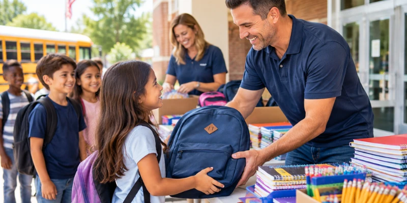 Community volunteers handing out blue backpacks and educational supplies to young students at a school drive.