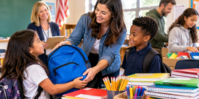 Volunteer mentor handing new notebooks and learning materials to a smiling young student in a classroom setting.